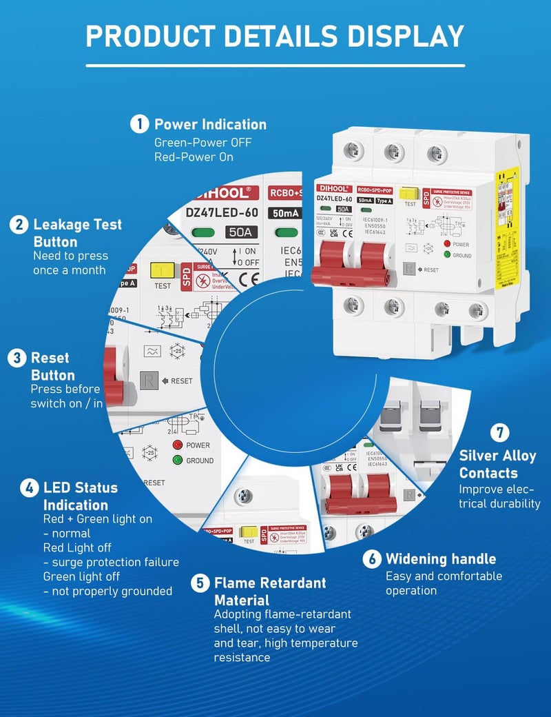 DIHOOL 50 Amp GFCI Breaker for Hot Tub Disconnect, 50A Miniature Circuit Breakers 240V with Panel Surge Protector - Image 4